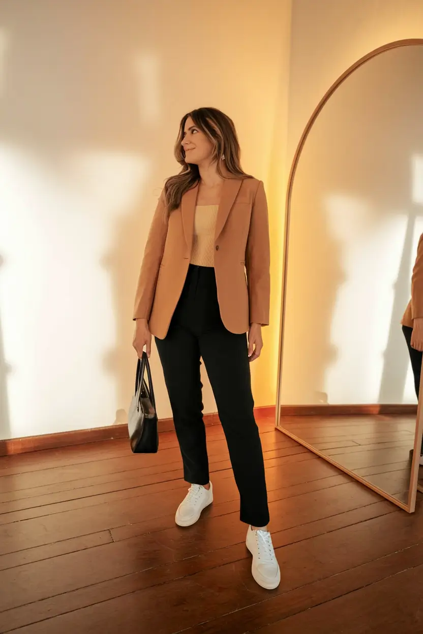 fall business casual outfits mid size Camel and Cream with a Laid-Back Edge
