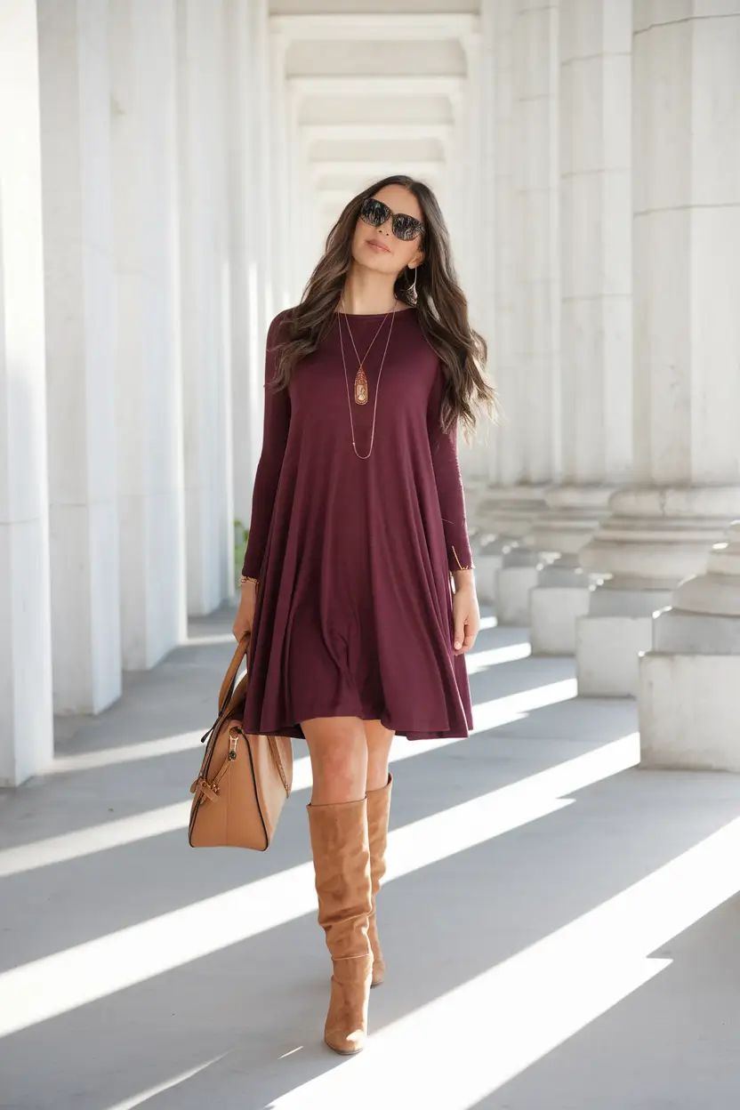 Fall 2025 outfits ideas for stylish women - Burgundy Swing Dress for Graceful Simplicity
