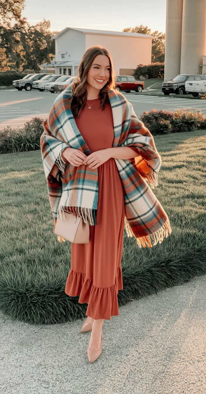 Fall 2025 outfits ideas for stylish women - Rust Maxi & Blanket Wrap for Cozy Glam