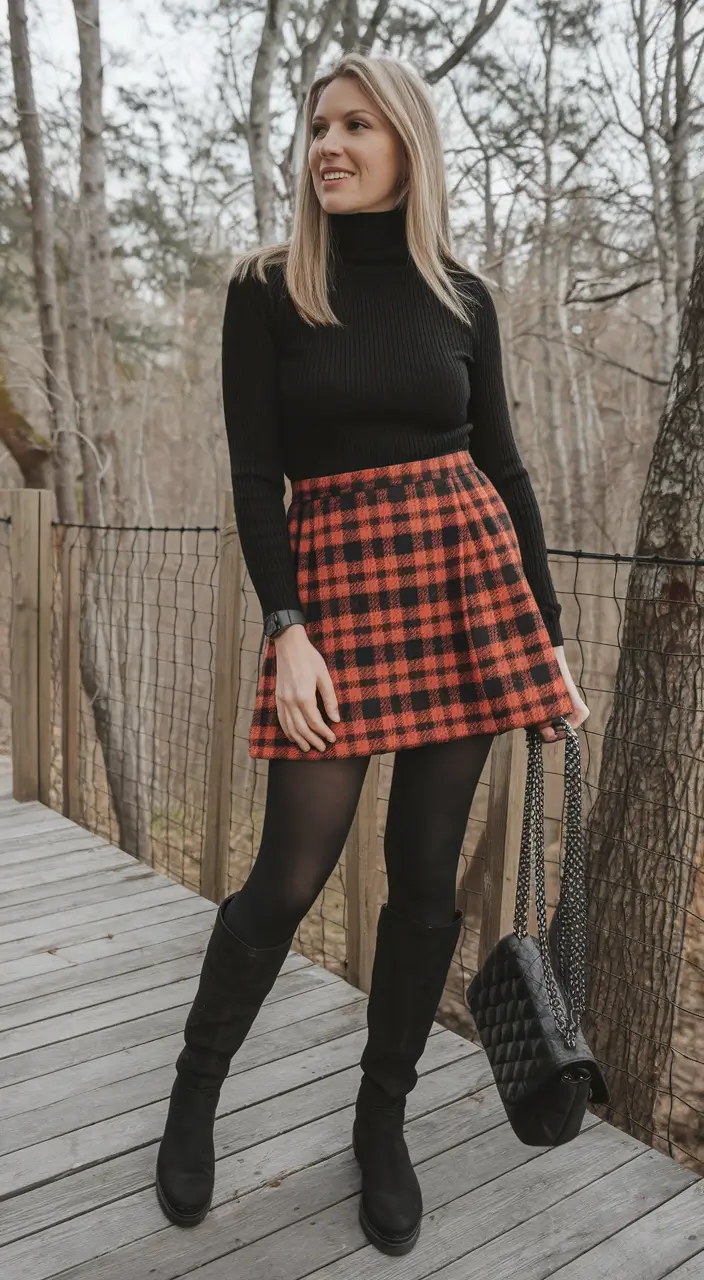Fall 2025 outfits Ideas for Stylish Women+Cozy in Checks: The Classic Mini and Turtleneck Combo