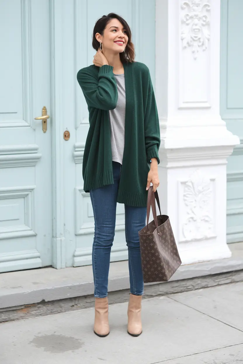 Fall 2025 outfits Ideas for Stylish Women+Chic Simplicity with a Forest Green Cardigan