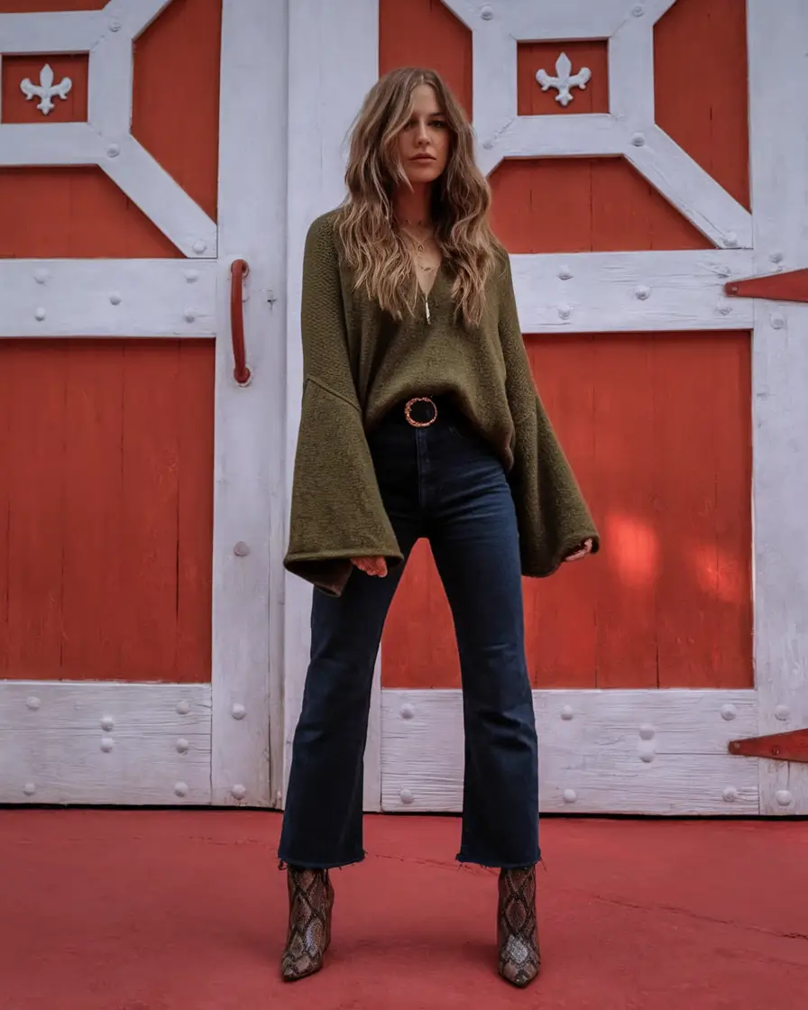 Fall 2025 outfits Ideas for Stylish Women+Effortless Drama in Wide Sleeves and Snake Print Boots