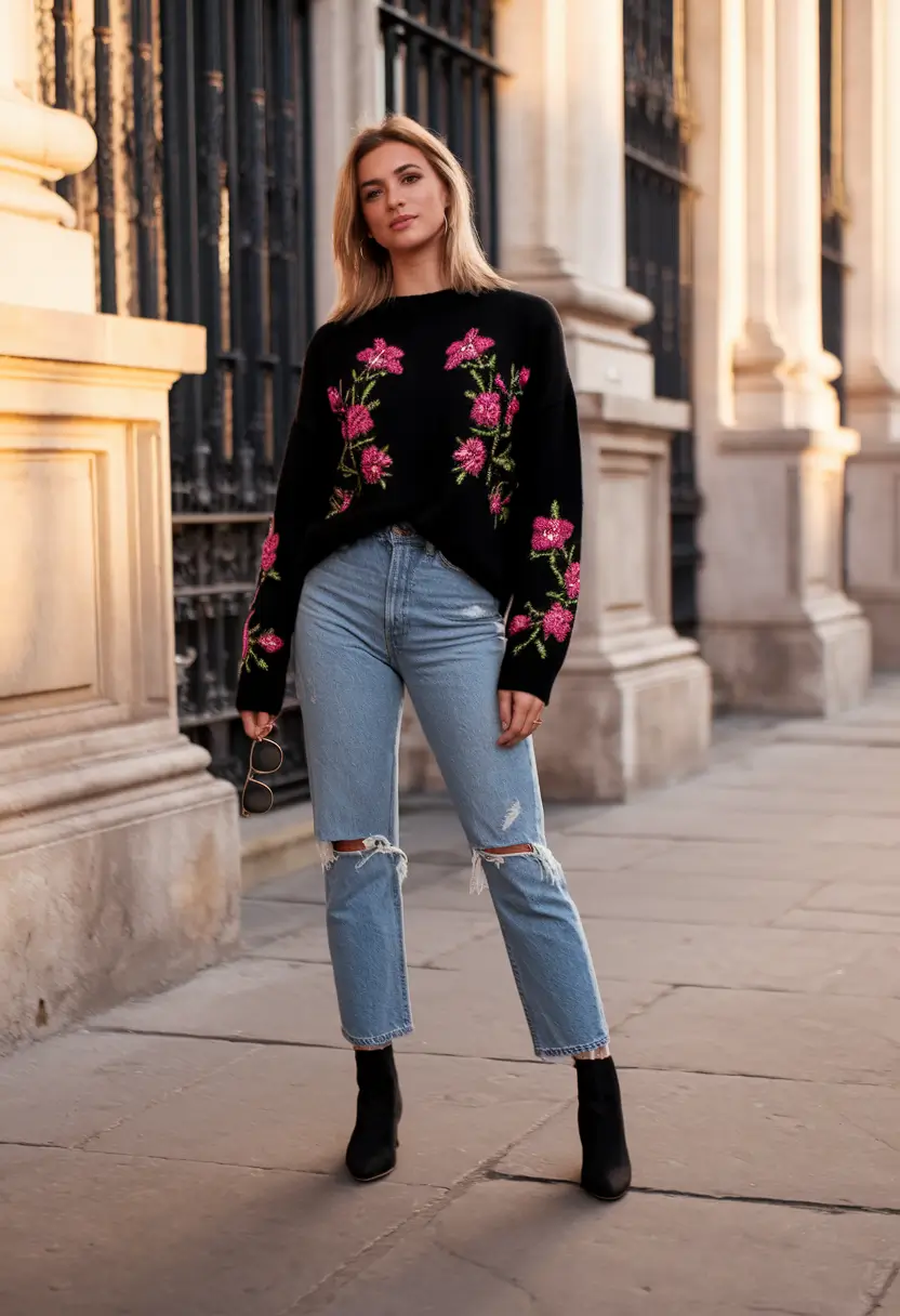 Fall 2025 outfits ideas for stylish women - Bold Florals Meet Everyday Denim