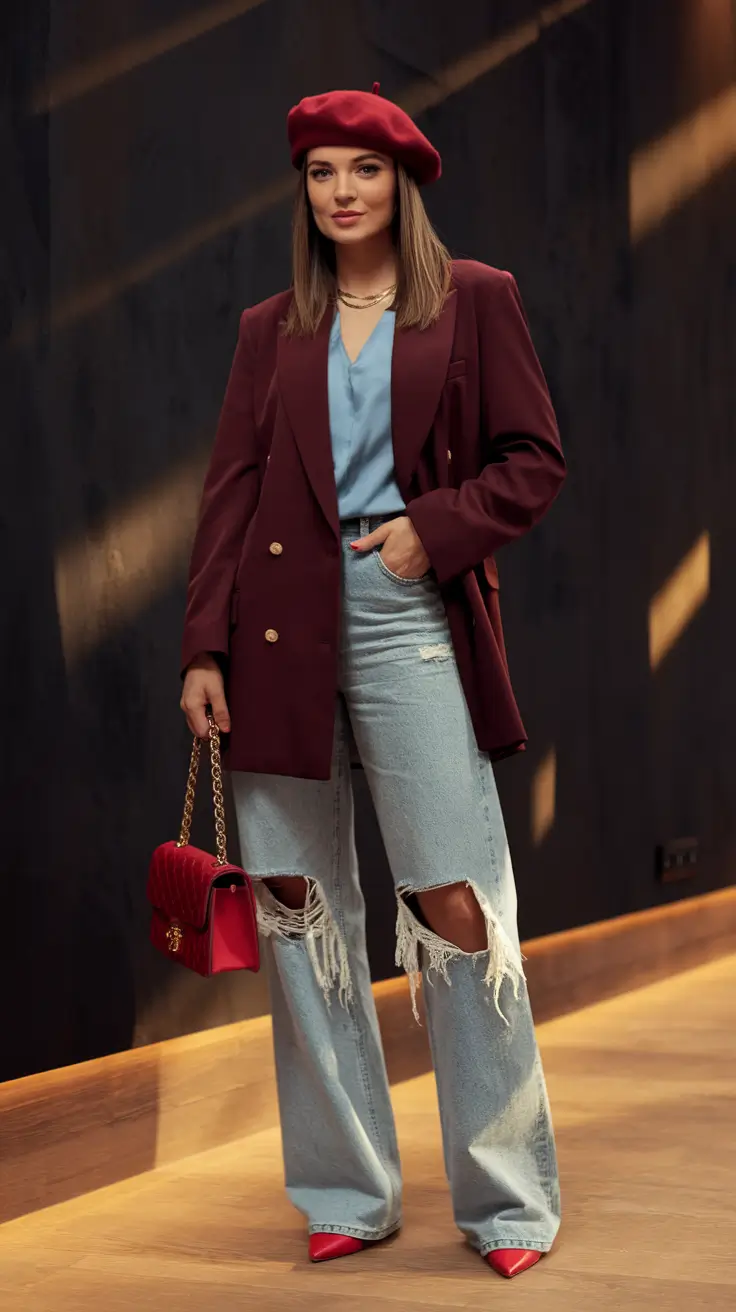 fall outfits women over 30 Parisian Drama in Burgundy and Blue