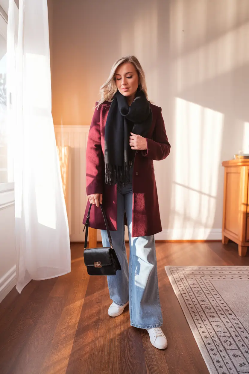 fall outfits women over 30 Wine-Toned Layers for Cold Mornings