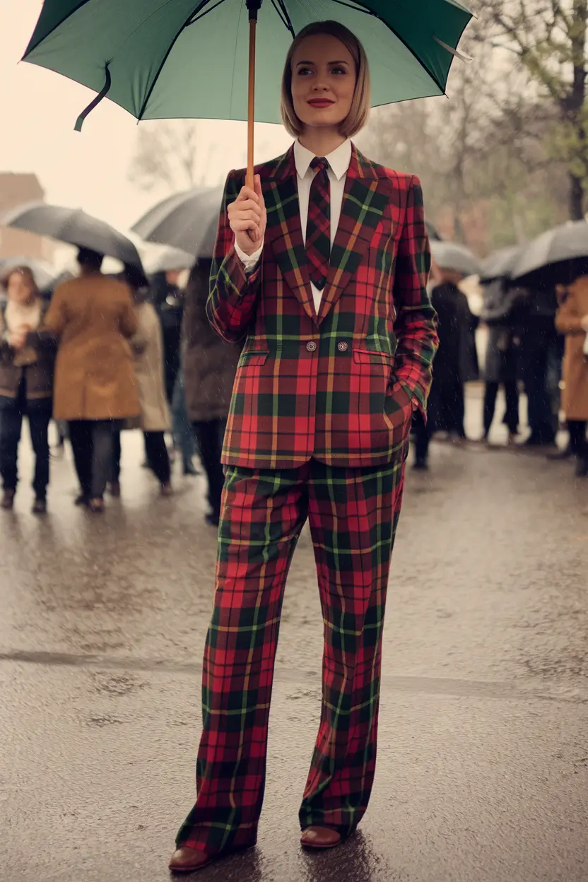 fall old money outfits Rainy Day Plaid with Royal Charm