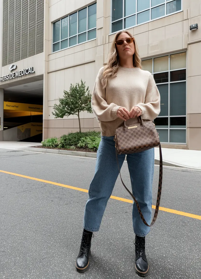 fall outfits ideas 2025 Cream Sweater and Combat Boots—Simple and Strong