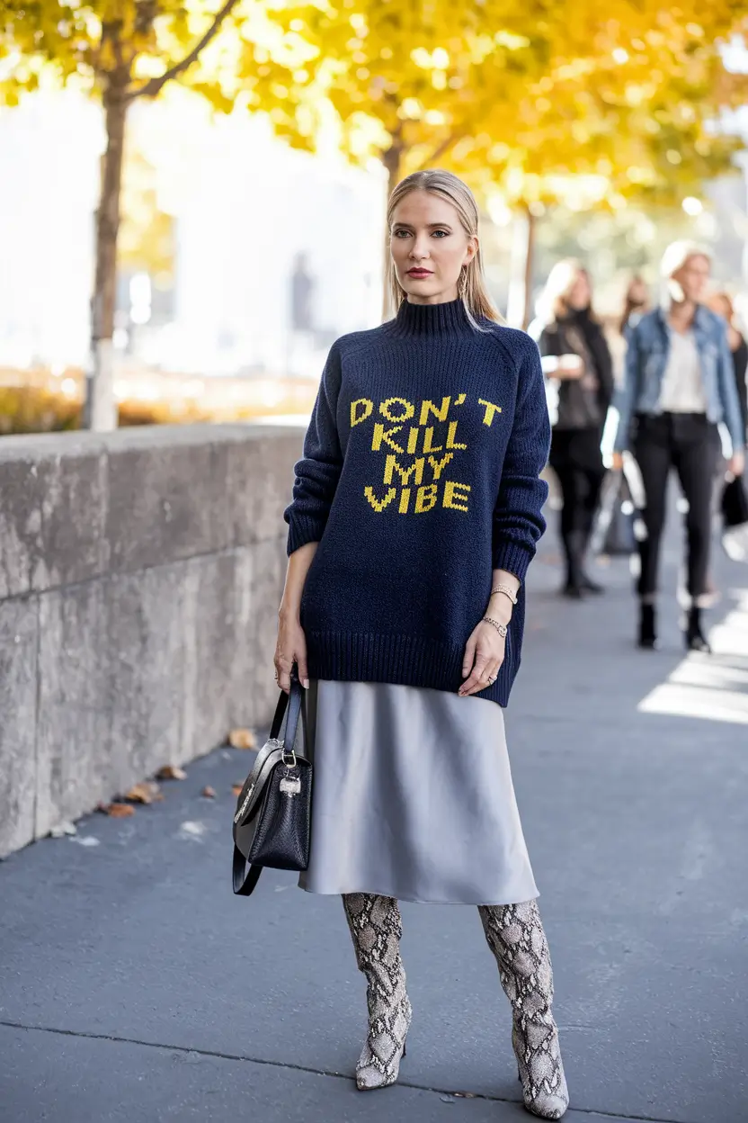 fall outfits ideas 2025 Statement Sweater and Animal Print Boots