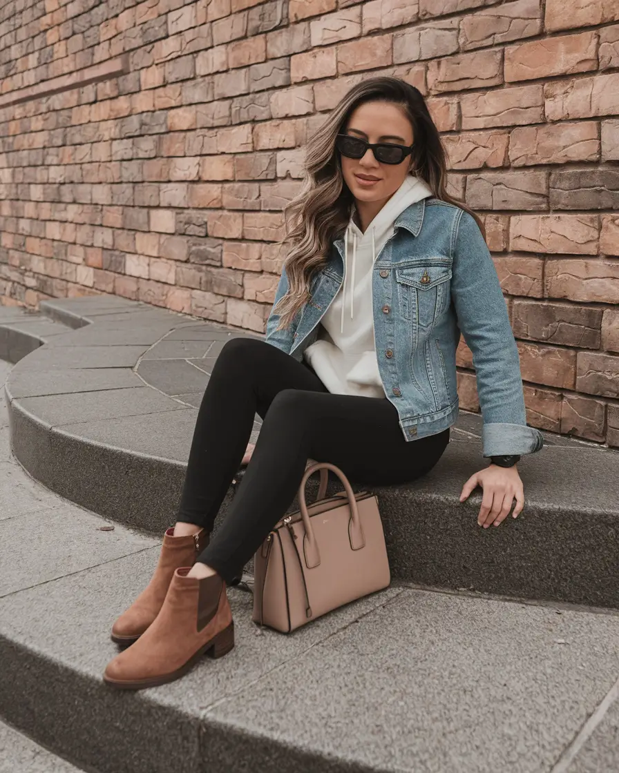 fall outfits ideas 2025 Denim Jacket Meets Hoodie Cool