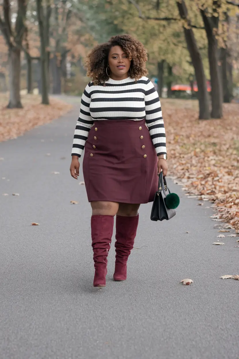 fall plus size outfits Military Buttons and Burgundy Boots