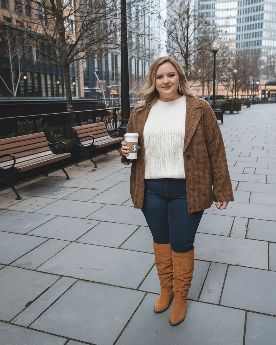 fall plus size outfits Plaid Blazer Energy with Classic Denim