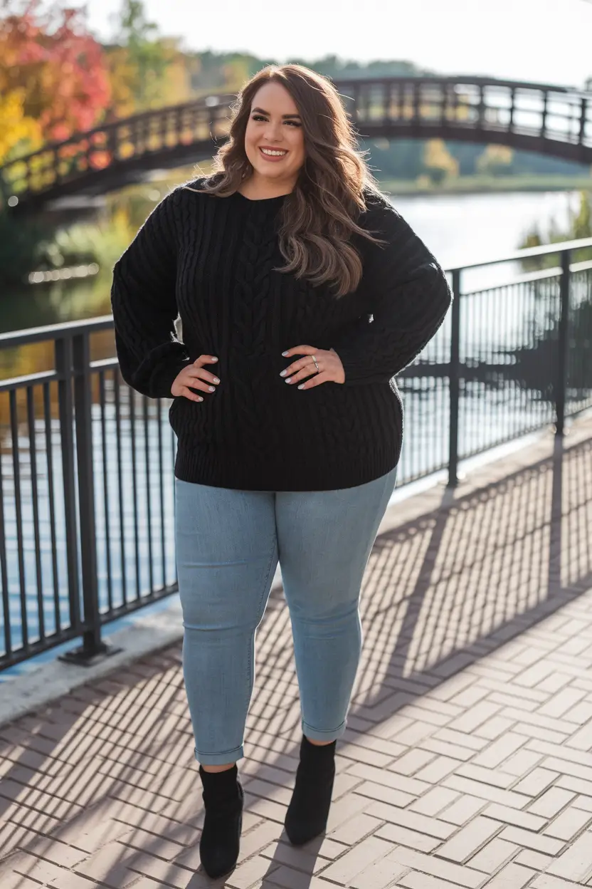 fall plus size outfits Black Knit and Soft Contrast Denim