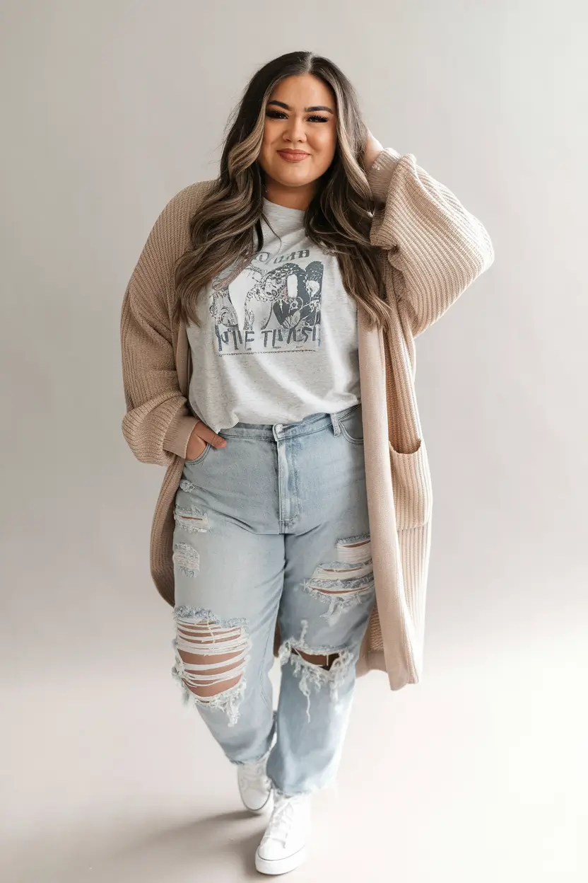 fall plus size outfits Cozy Grunge with a Graphic Edge