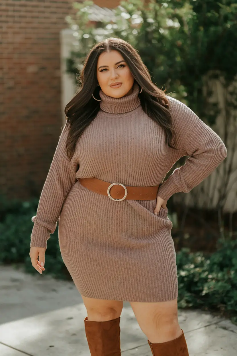 fall plus size outfits Sweater Dress Chic with Belted Confidence