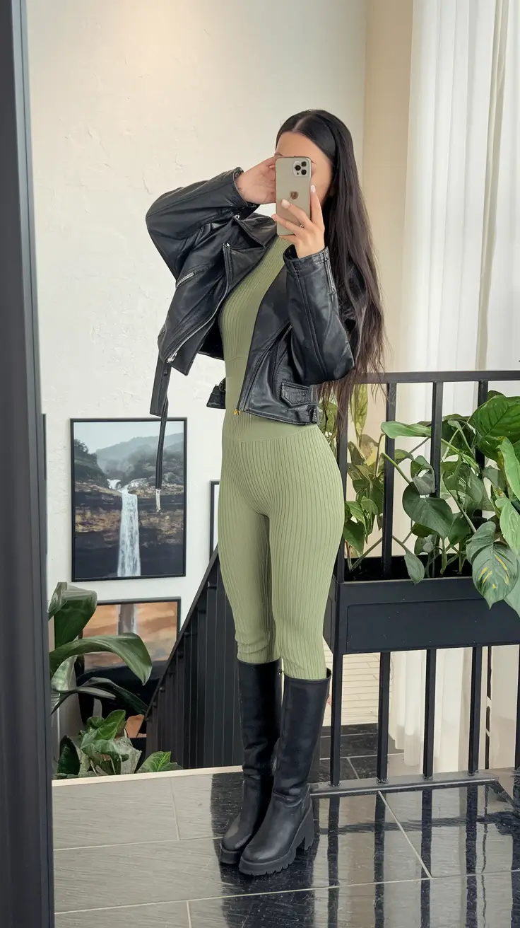 fall transition outfits 2025 Olive Ribbed One-Piece with Moto Energy