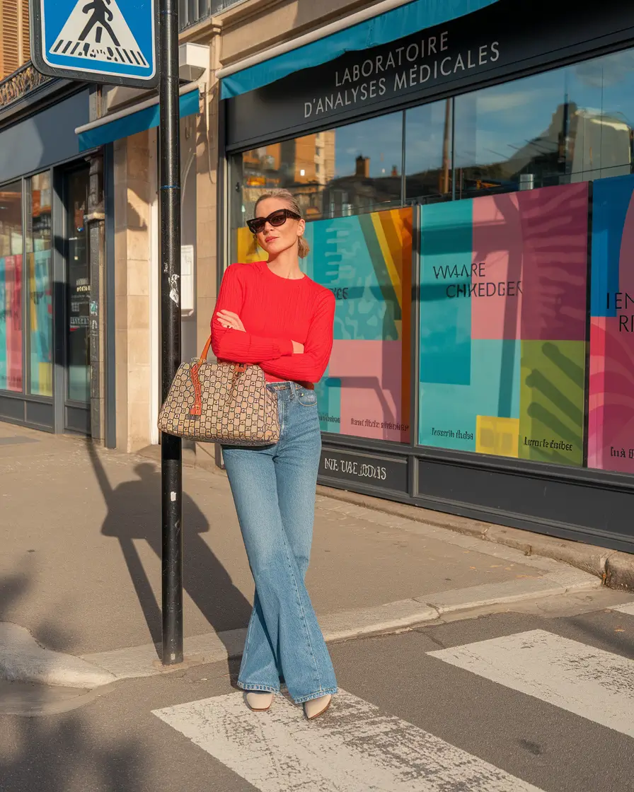 fall transition outfits 2025 Red Knit & Flared Jeans: American Classic