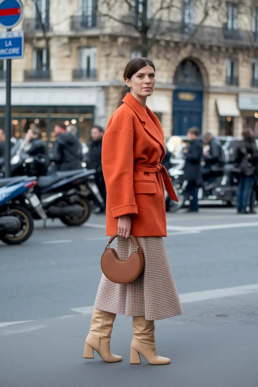 fall transition outfits 2025 Structured Orange Coat with Luxe Neutrals