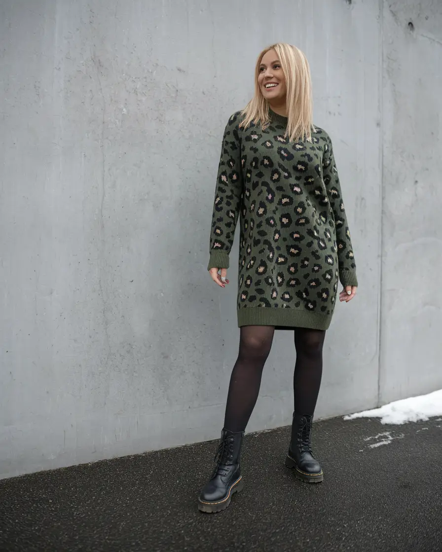 fall transition outfits 2025 Green Leopard Sweater Dress and Docs