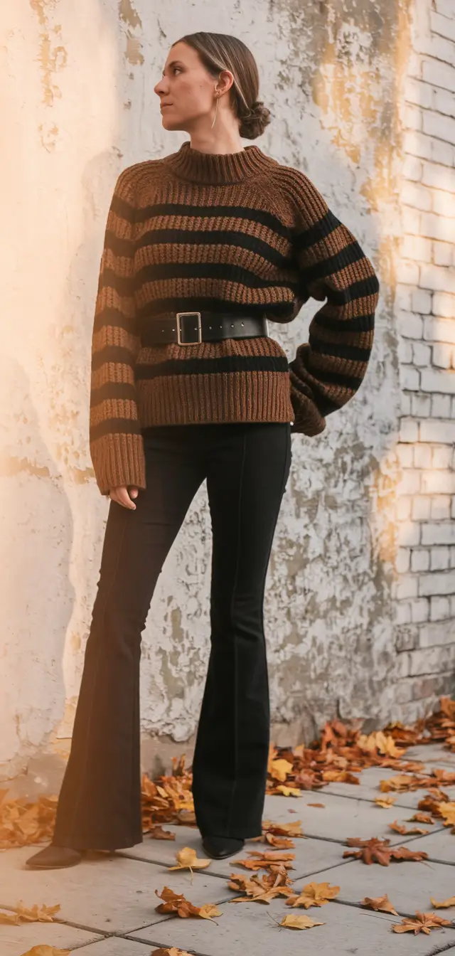 fall transition outfits 2025 Stripes, Belted Drama & Bootcut Confidence