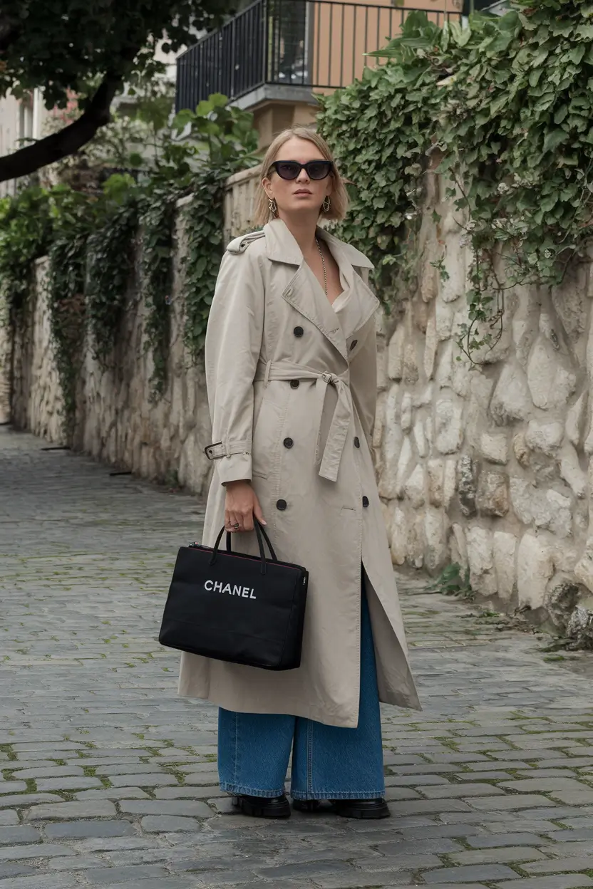 fall transition outfits 2025 Trench Coat and Wide-Leg Denim: Parisian Cool