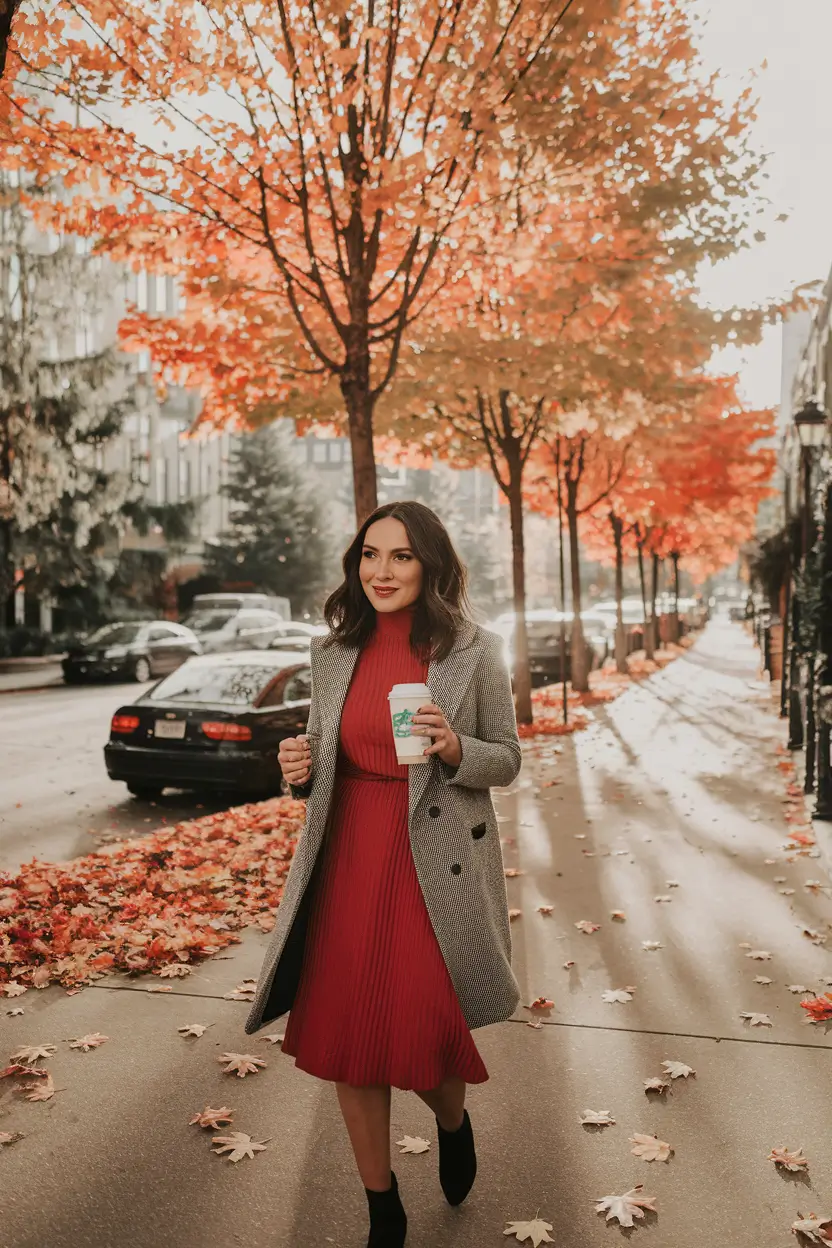 fall transition outfits 2025 Scarlet Pleats and Gray Layers for a Polished Fall Stroll