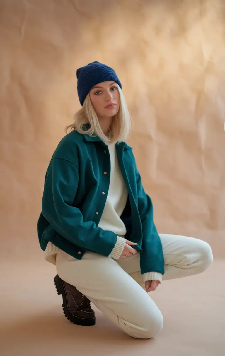 fall transition outfits 2025 Layered Textures in Teal and Cream for Off-Duty Energy