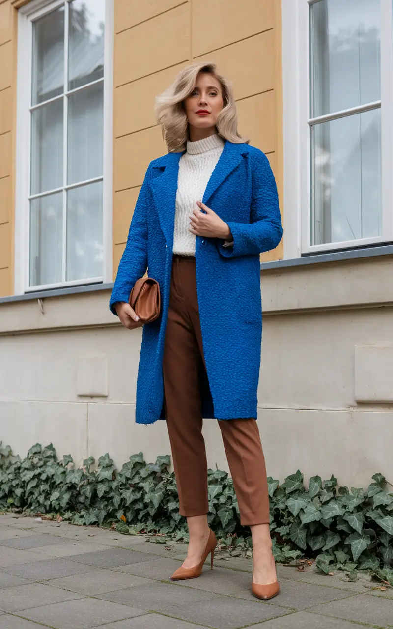 fall transition outfits 2025 Power Blue and Caramel Chic for the Elevated Office Look