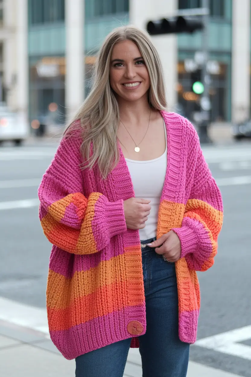 fall transition outfits casual Striped Sunset Layers