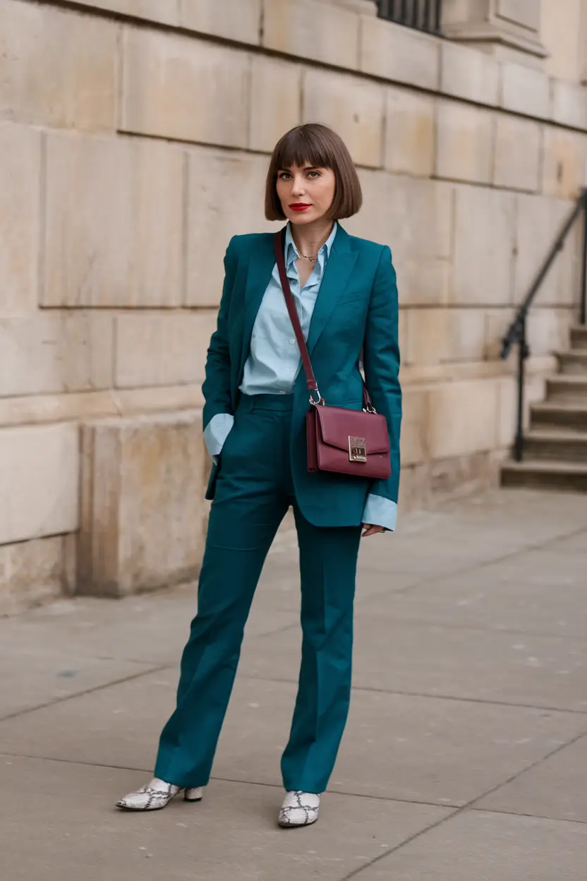 fall transition outfits work Tailored Teal Power Suit