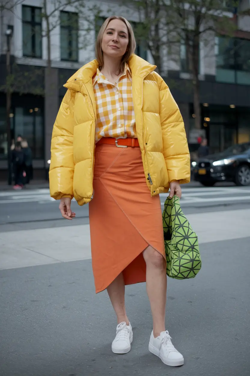 fall transition outfits hot weather Gingham and Puffer Playfulness