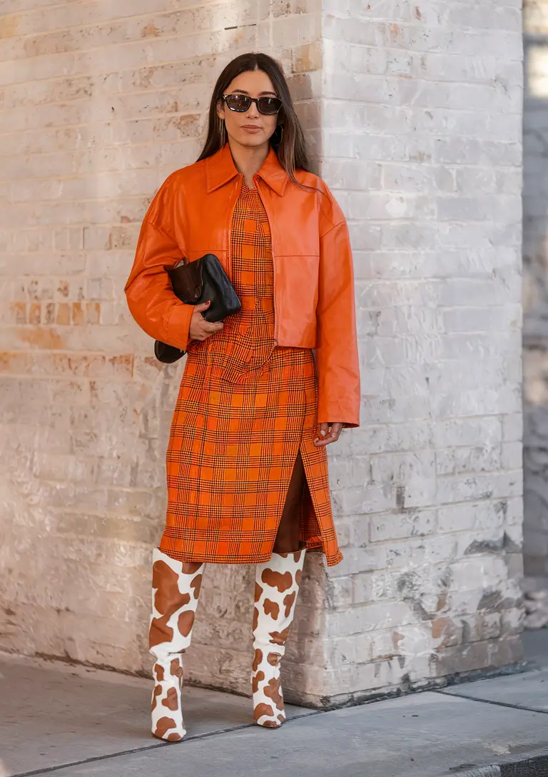 fall transition outfits dress Statement in Orange and Cow Print