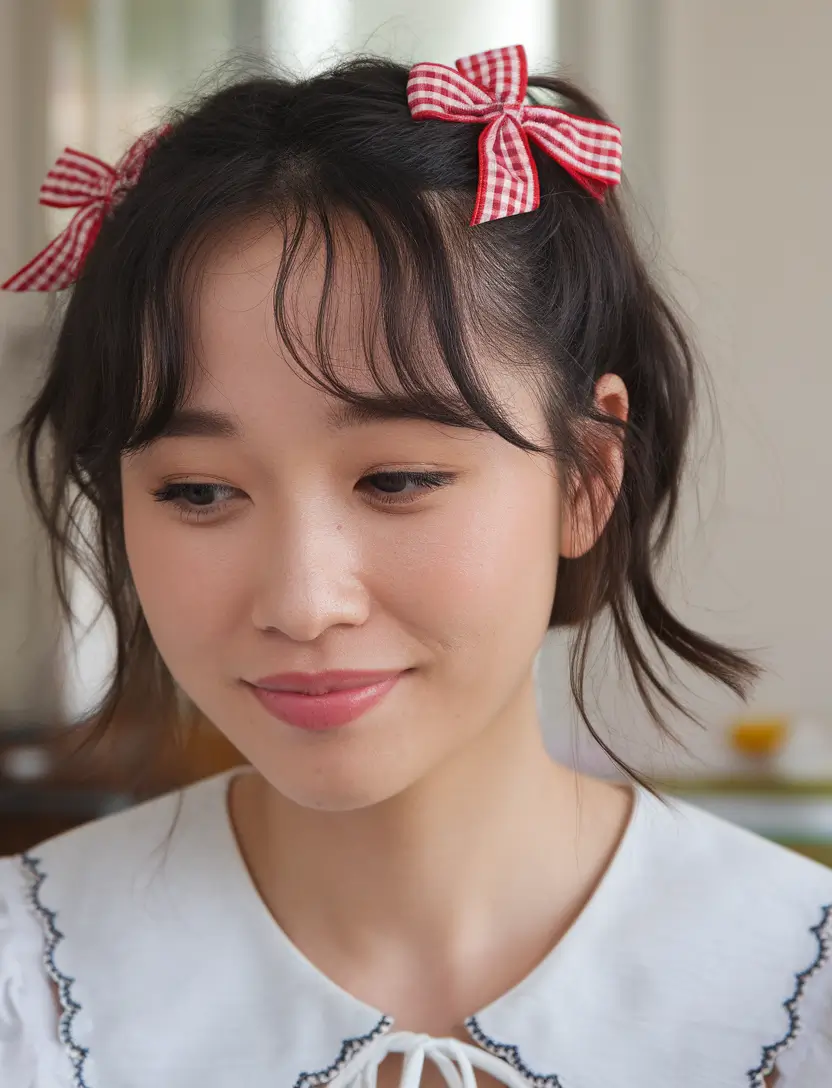 first day of school hairstyles 2025+Playful Pigtails with Red Checkered Bows