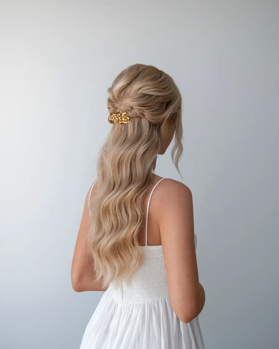 first day of school hairstyles 2025+Golden Hour Half-Up with Statement Clip
