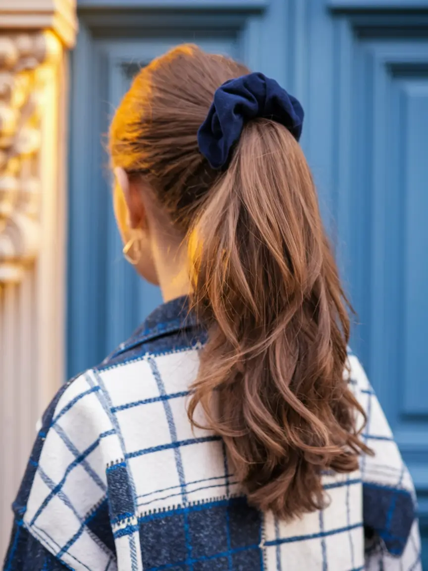 first day of school hairstyles 2025+Curled Ponytail with Navy Scrunchie