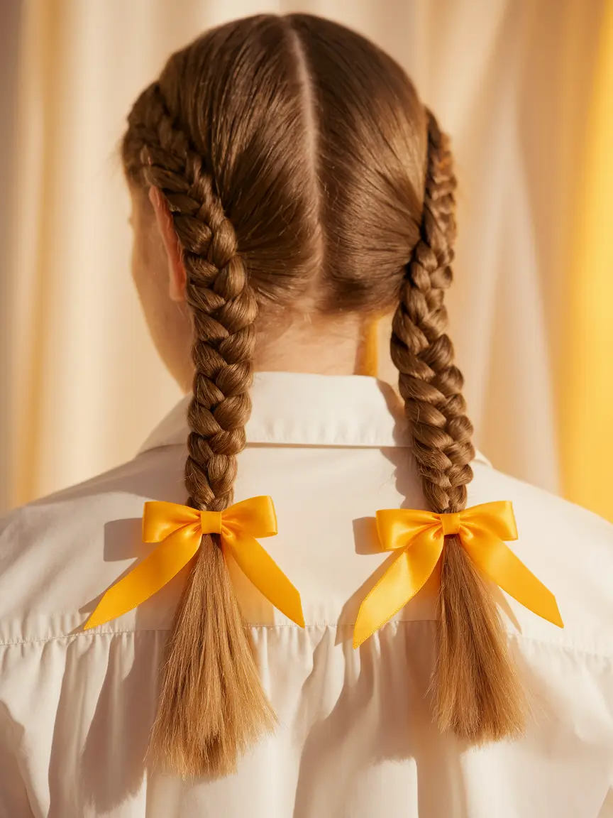 first day of school hairstyles 2025+Classic Braids with Sunshine Ribbon