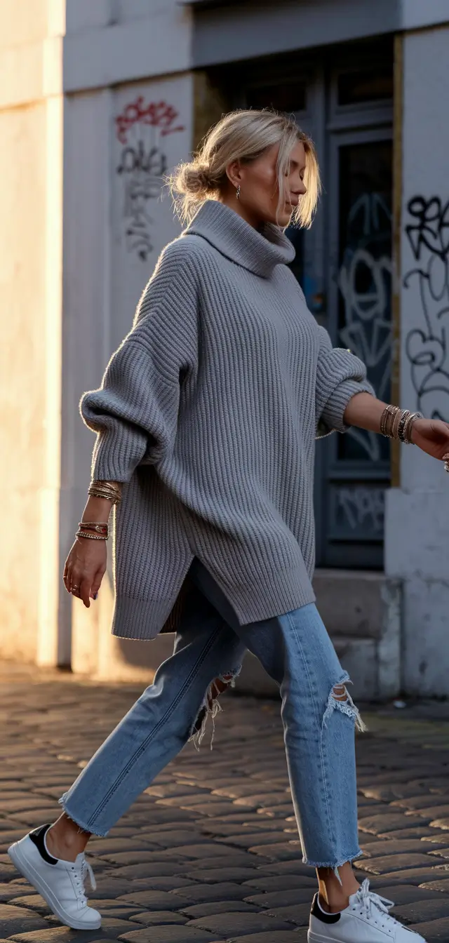 fall outfits ideas with jeans+Oversized Knit and Classic Denim