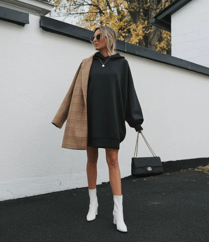 fall outfits with boots and dress Oversized Hoodie Dress with a Structured Twist