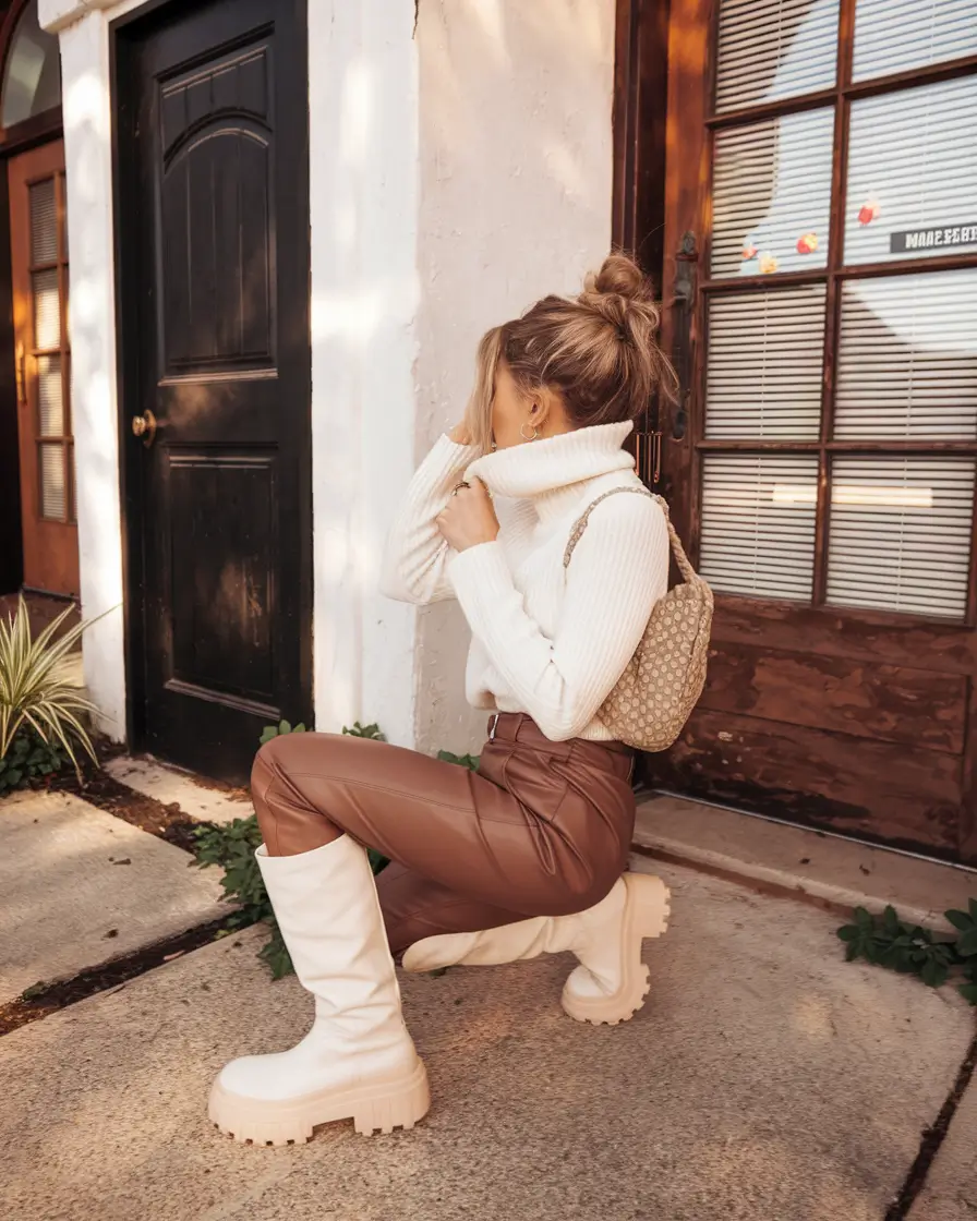fall outfits with boots 2025 Chunky White Boots Meet Sleek Monochrome Drama