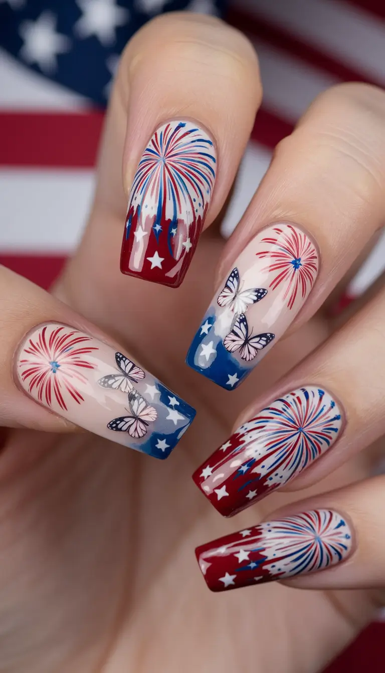 Inspired Nail Designs July 4th 2025 Fireworks and Butterflies for a Whimsical Fourth