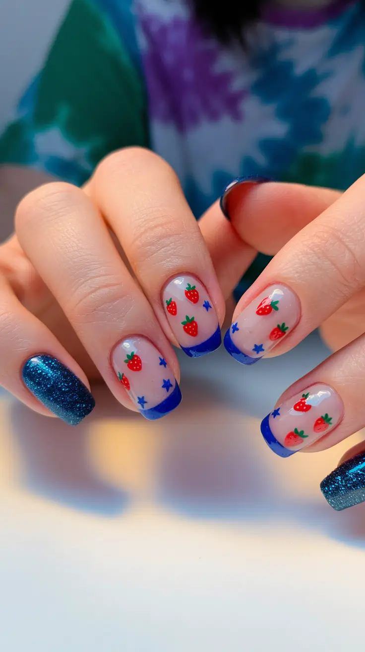 Inspired Nail Designs July 4th 2025 Berry Stars and Blue Tips