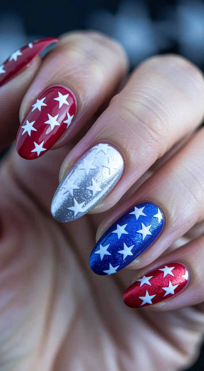 Inspired Nail Designs July 4th 2025 Metallic Stars and Shine