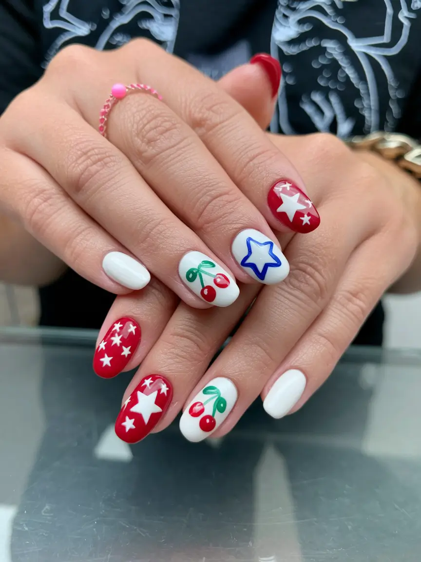 Inspired Nail Designs July 4th 2025 Cherry Stars and Summer Charm