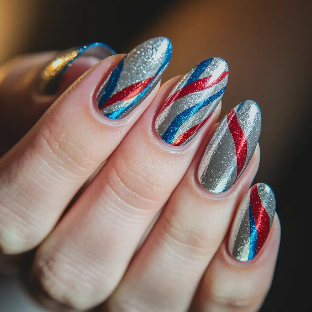 Inspired Nail Designs July 4th 2025 Foiled Ribbon Waves