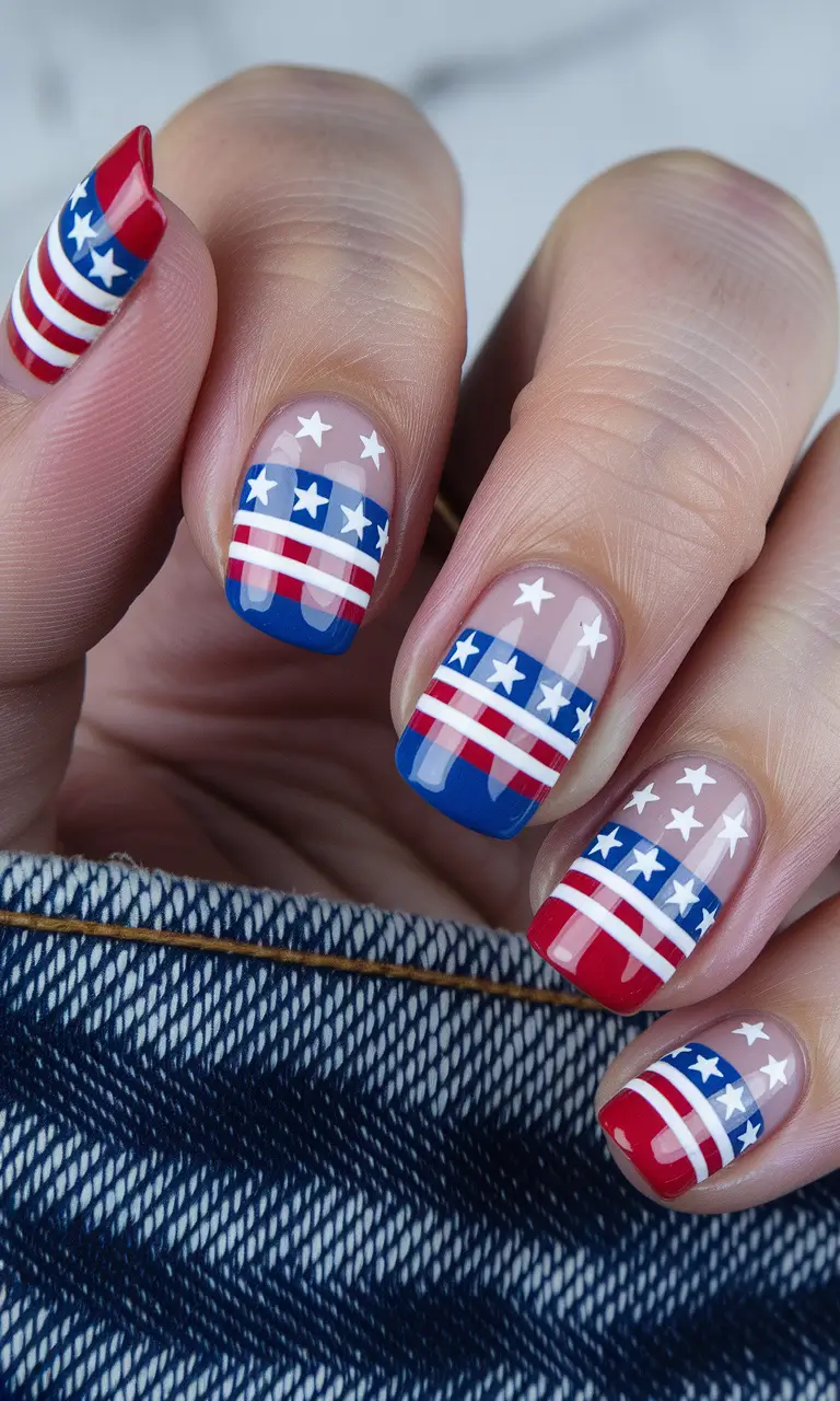 Inspired Nail Designs July 4th 2025 Striped Freedom on a Short Square