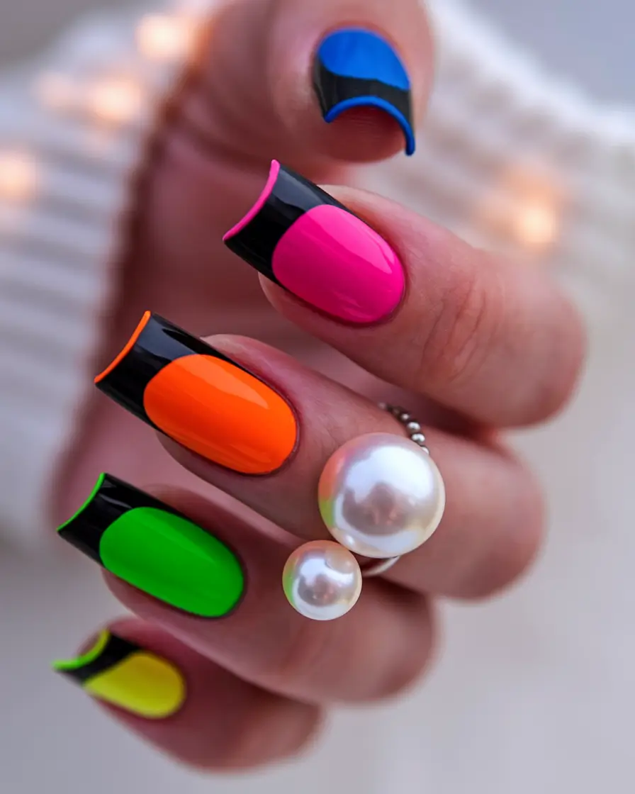 july nails Neon French Color Blocks