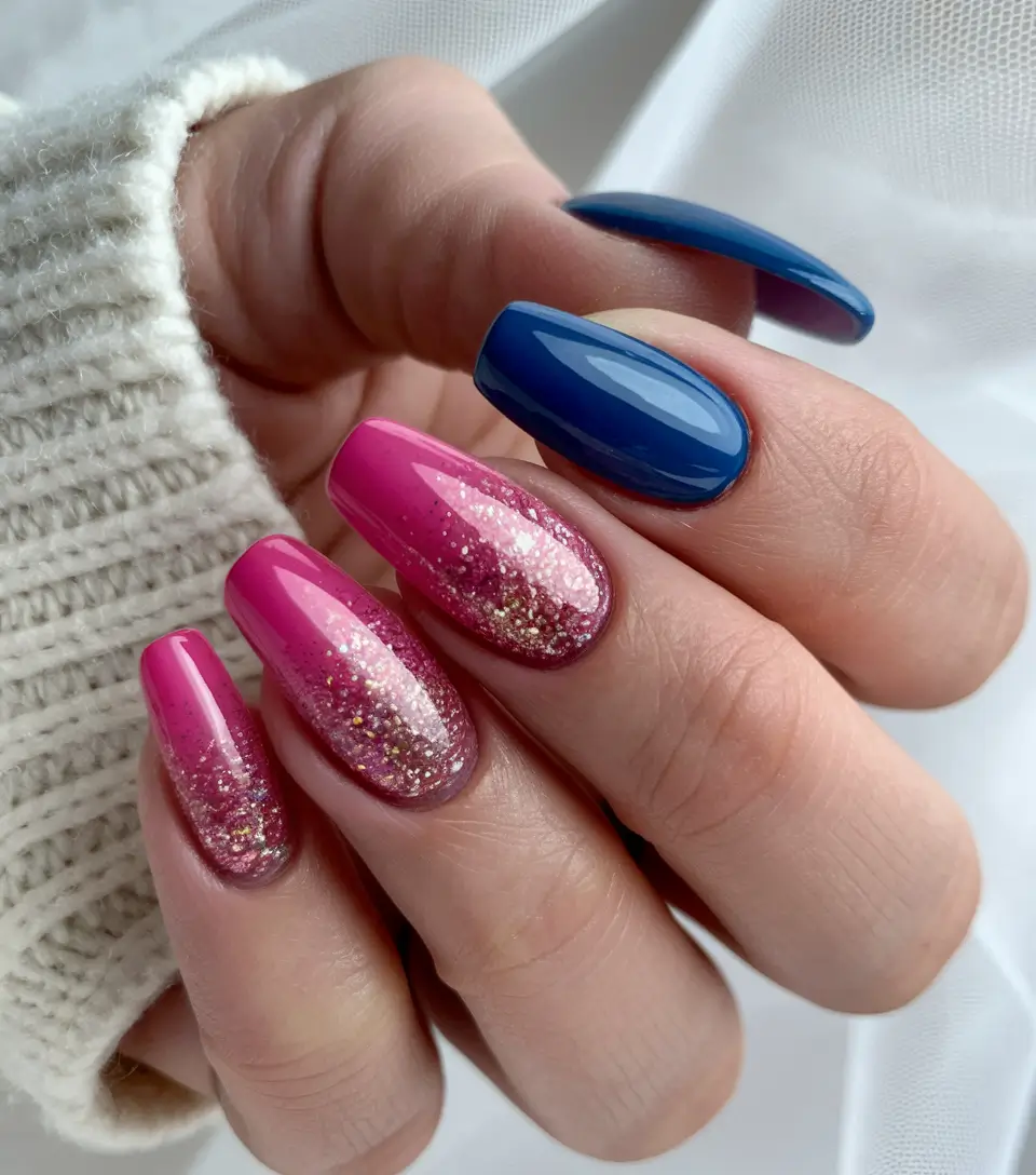 july nails Glitter Fades and Midnight Blue