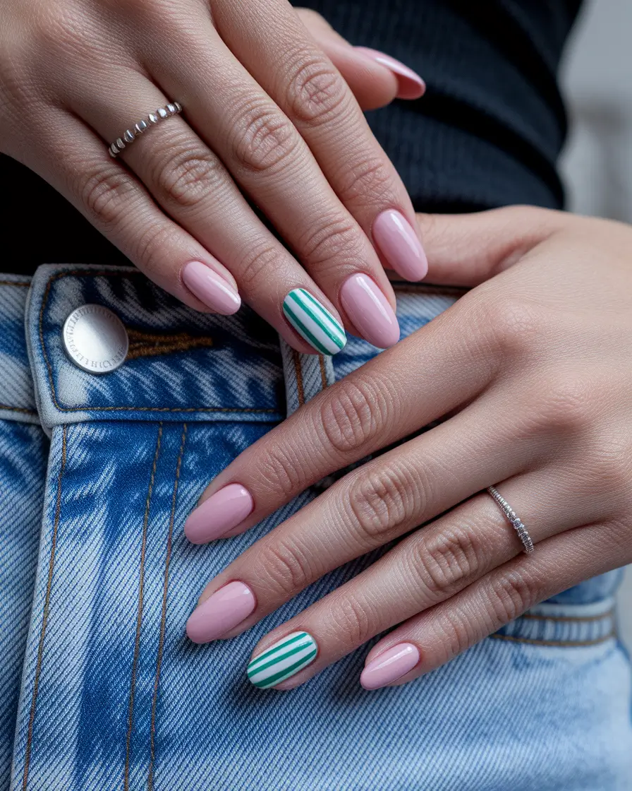 august nails two colors Mint Stripes & Blush Pink Combo