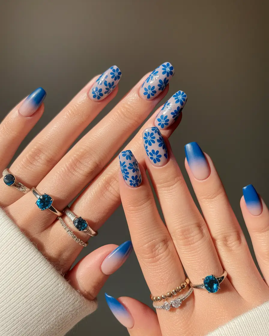 august nails colorful Electric Blue Florals with Ombre Tips