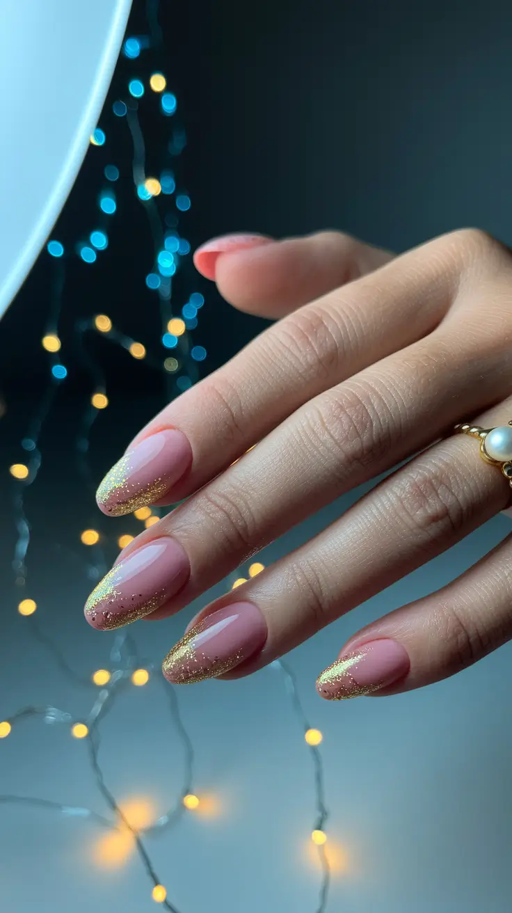 2025 pedicure Golden Glitter Tips on Rosy Sheer Base