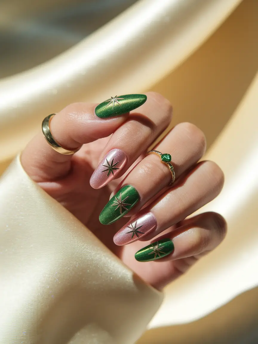 august nails two colors Starburst Metallic Green and Blush Combo